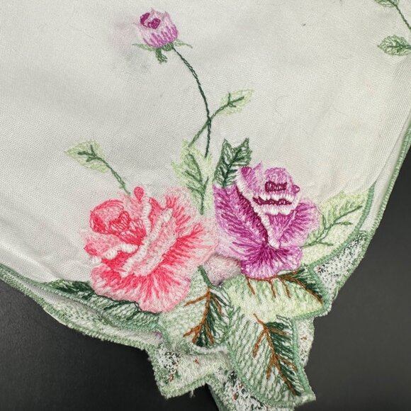 Vintage Embroidered White Tablecloth Pink Purple Rose Flower Small Square Floral - Picture 4 of 7
